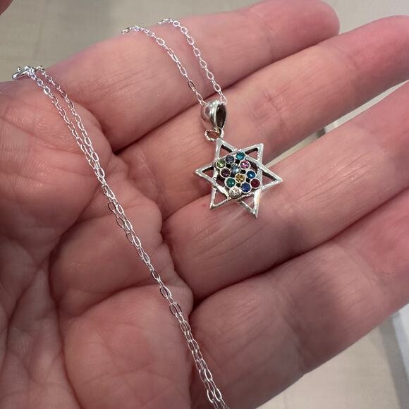 Sterling Silver Hoshen Star of David Multi-Colored CZ Necklace - Picture 3 of 5